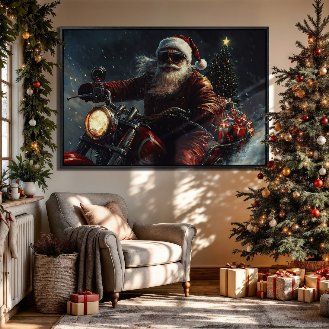 Framed Wall Art: Santa on a motorcycle canvas print in a cozy living room. Festive red, gold, and green color palette. Perfect Christmas decor!