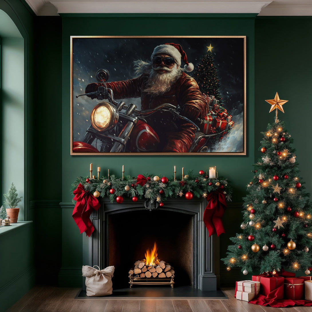Framed Wall Art: Santa Claus on a motorcycle, a cool Christmas scene in a green room. Red, gold, and green color palette for festive decor.