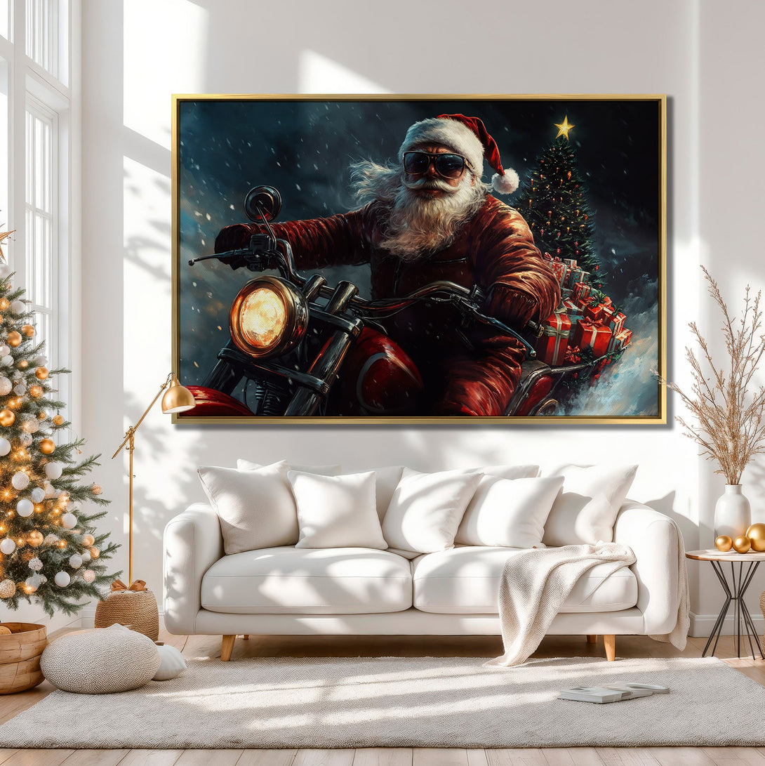 Canvas Print: Santa on a motorcycle art, vibrant red and cool blue tones. Perfect Christmas decor for a cozy interior.
