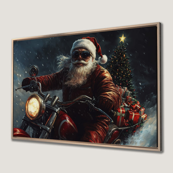 Framed Wall Art: Santa on a motorcycle, Christmas gifts, dark blue and red color palette. Cool holiday art for your home!