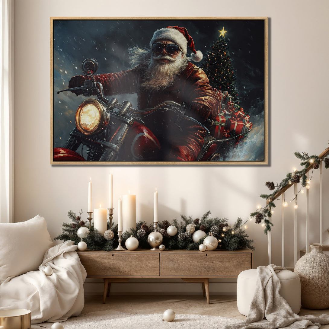Framed Wall Art: Santa Claus on a motorcycle, festive Christmas decor. Bold red & dark palette, a unique holiday Canvas Print for your home.