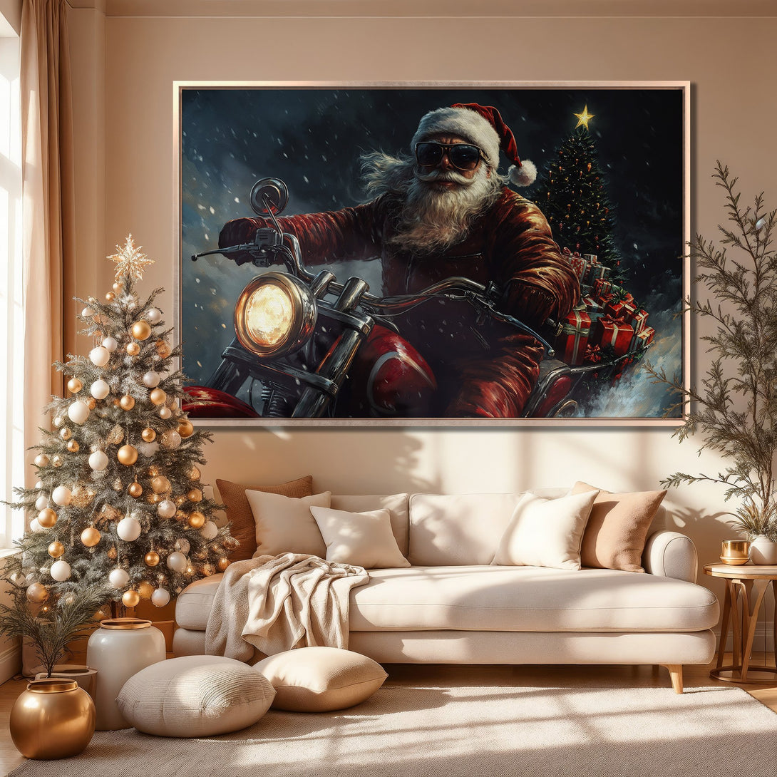 Framed Wall Art: Santa Claus on a motorcycle, bold & vibrant art in a cozy interior. Red, black, and wintery tones create a festive vibe.