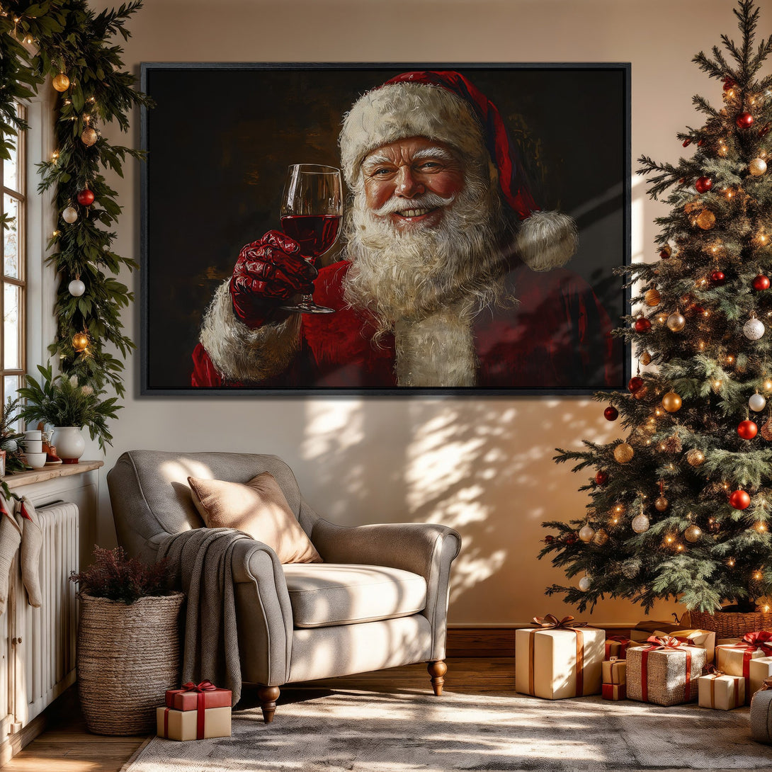 Framed Wall Art: Jolly Santa Claus Canvas Print in a cozy Christmas scene. Rich red and gold palette, perfect holiday decor!