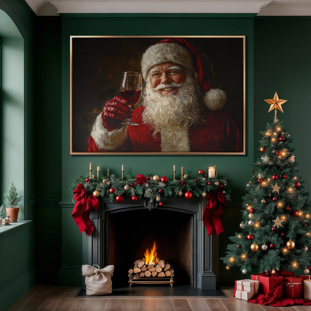 Framed Wall Art: Santa Claus portrait in a cozy Christmas scene. Rich red and green color palette. Perfect holiday decor for your home!