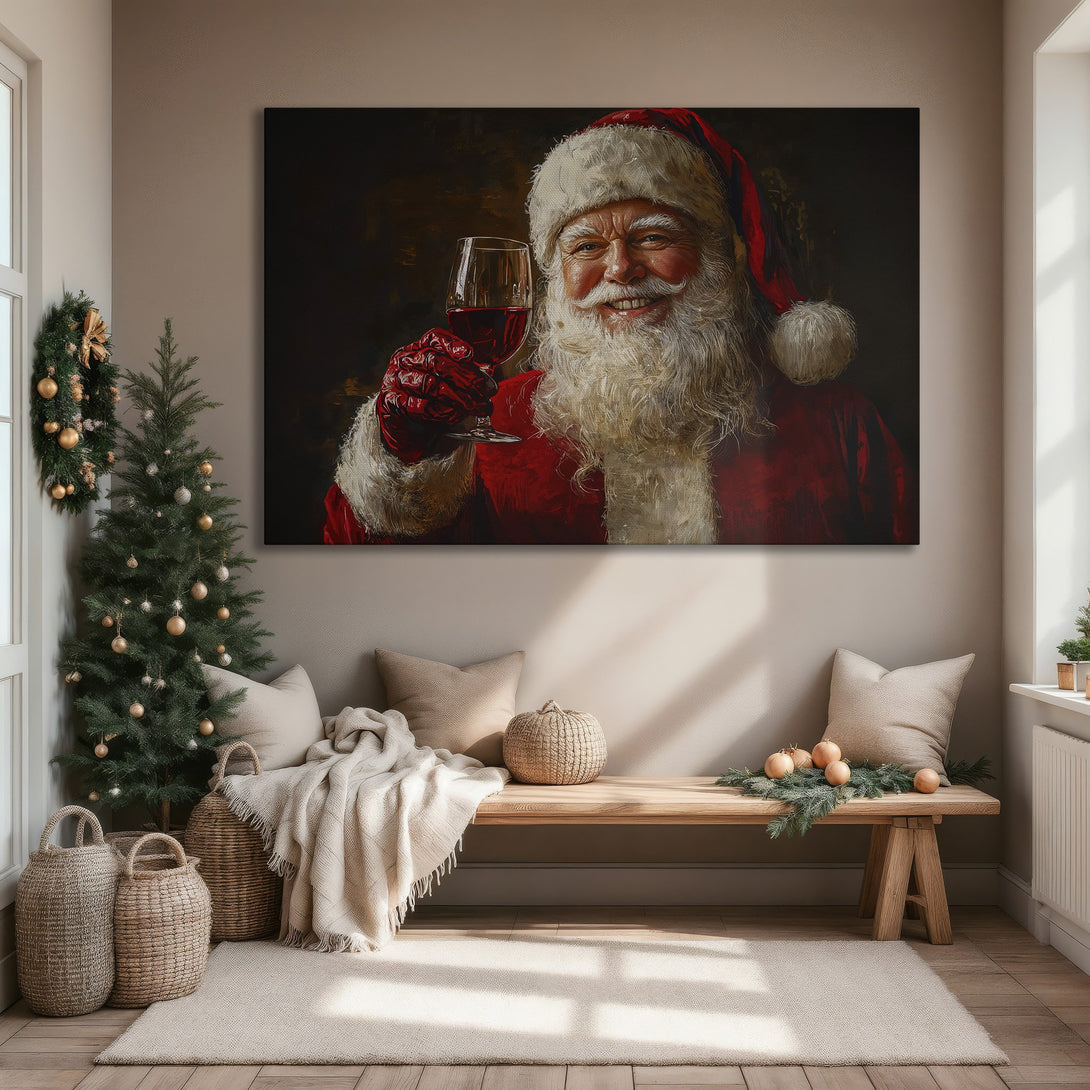 Framed Wall Art: Santa Claus portrait with a glass of wine, rich red and gold hues. Festive canvas print for Christmas decor.