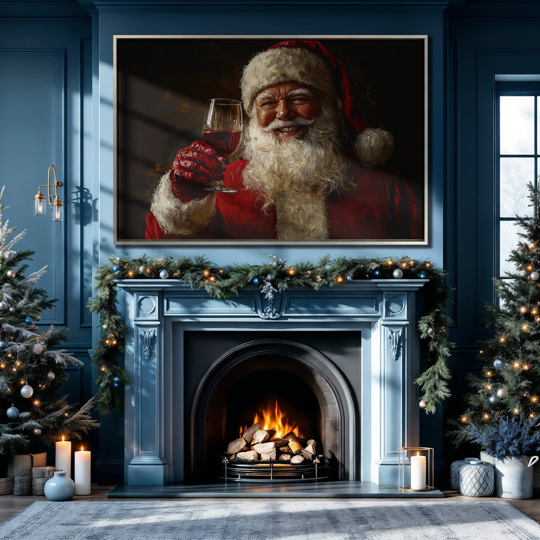 Framed Wall Art: Santa Claus portrait in a cozy blue interior. Classic style, rich red and blue color palette for a festive holiday vibe.