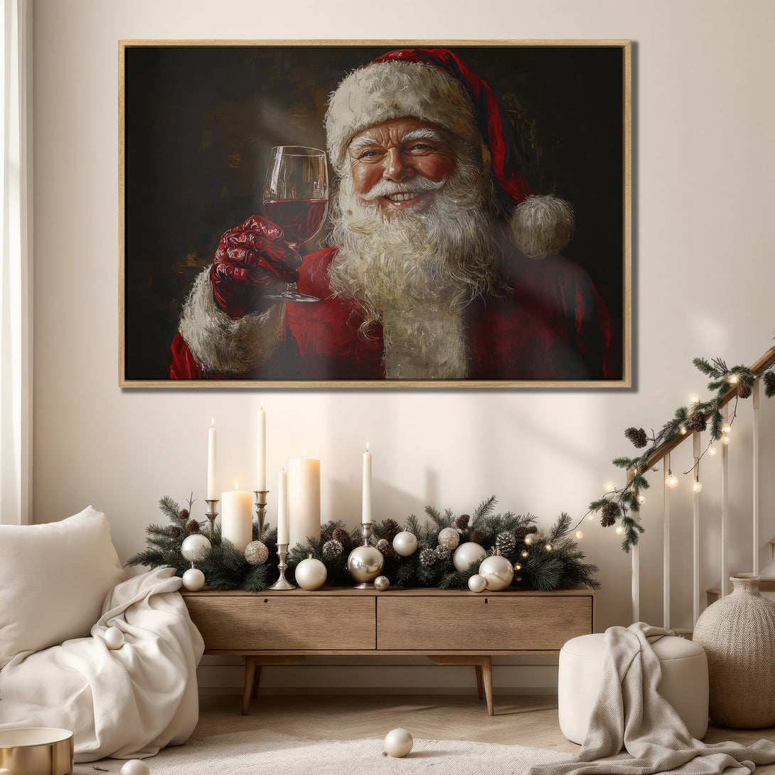 Framed Wall Art featuring Santa Claus toasting. Classic style, warm red, gold and neutral tones. Perfect Christmas decor for your home.