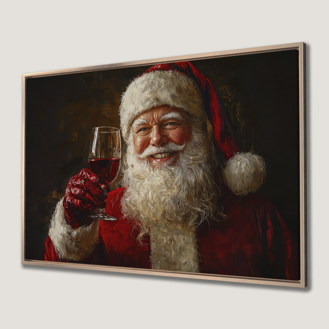 Framed Wall Art of Santa Claus toasting with wine. Classic style with a warm red and gold color palette. Perfect Christmas decor!