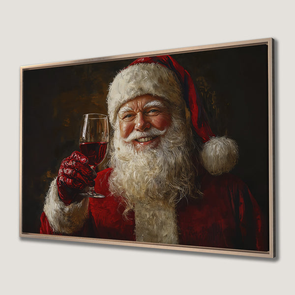 Framed Wall Art of Santa Claus toasting with wine. Classic style with a warm red and gold color palette. Perfect Christmas decor!