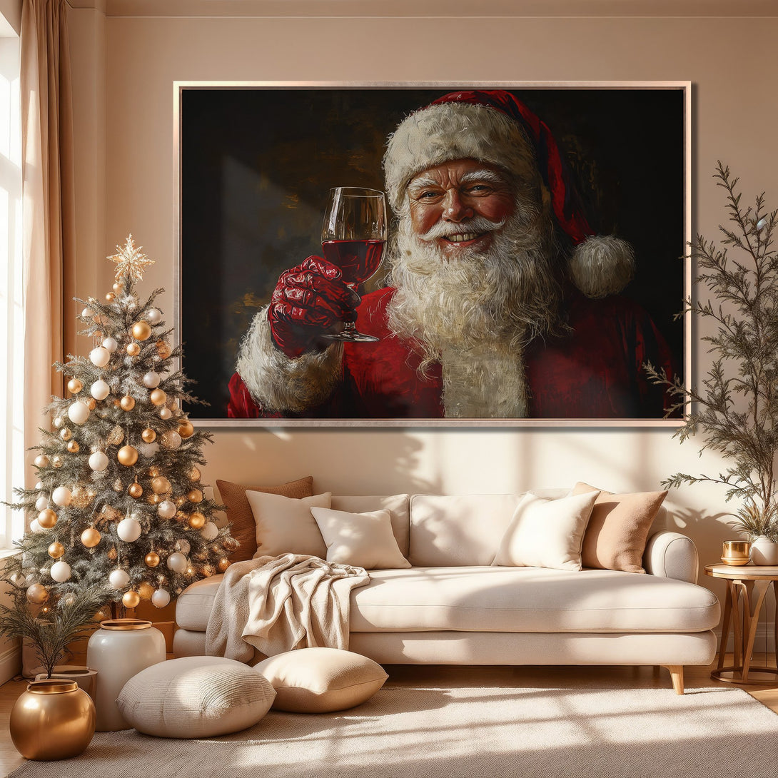 Framed Wall Art: Santa Claus portrait in a warm, inviting interior. Rich red, gold, and cream color palette. Perfect Christmas decor!