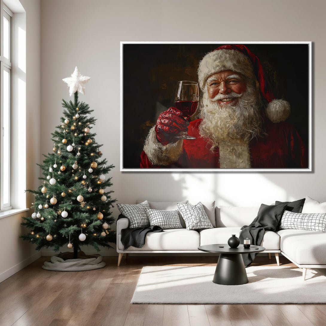 Framed Wall Art: Santa Claus portrait in red and white, classic style, displayed in a cozy living room. Festive decor for the holidays.