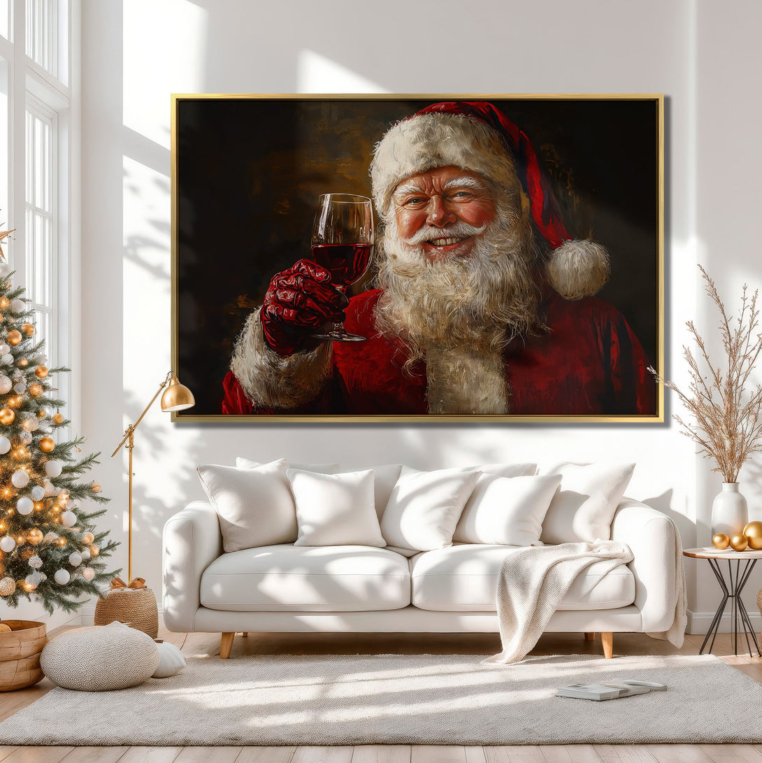 Canvas Print of Santa Claus toasting with wine, warm red and neutral color palette, perfect Christmas decor.