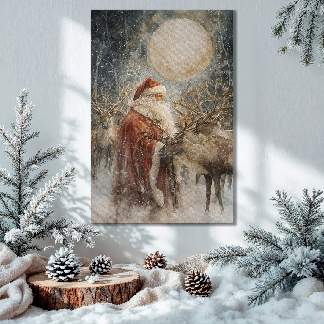 Framed Wall Art: Watercolor Santa Claus with reindeer in winter scene. Warm, inviting colors. Perfect Christmas decor.