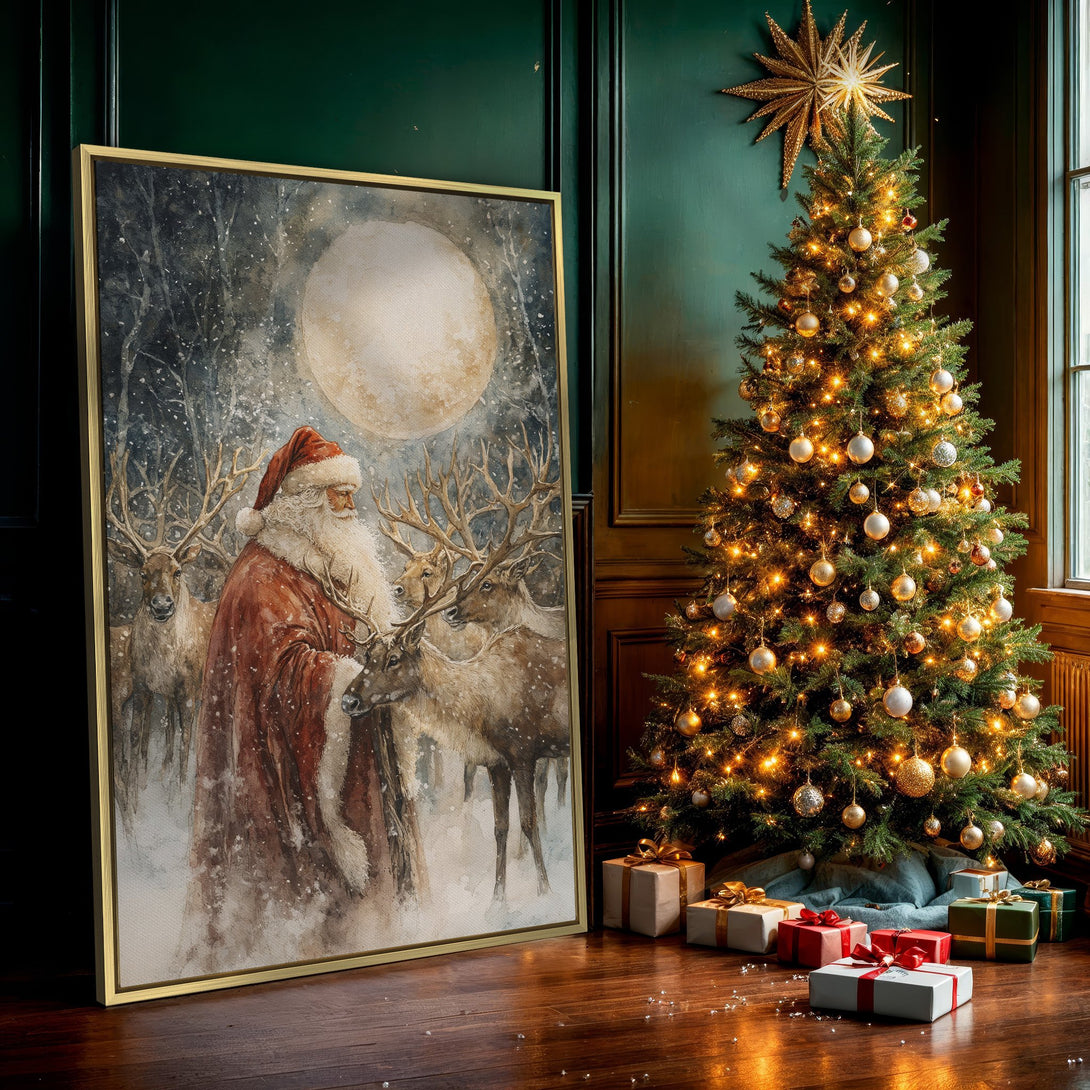 Canvas Print of Santa Claus with reindeer in a snowy watercolor style, featuring a warm red and brown color palette for a festive holiday touch.