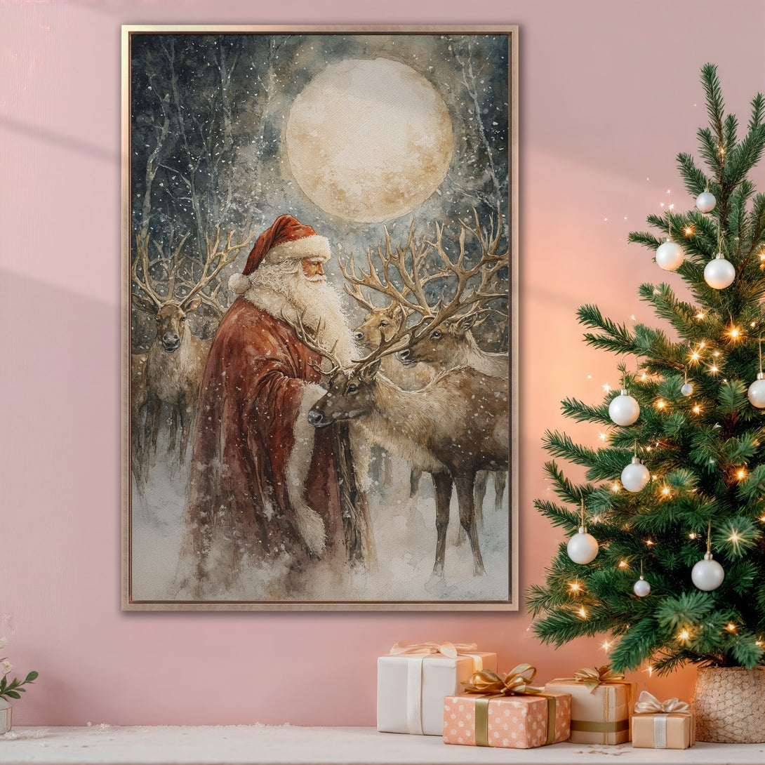 Framed Wall Art: Watercolor Santa with reindeer under a full moon. Warm, inviting color palette with reds, browns, and blues. Perfect Christmas decor!