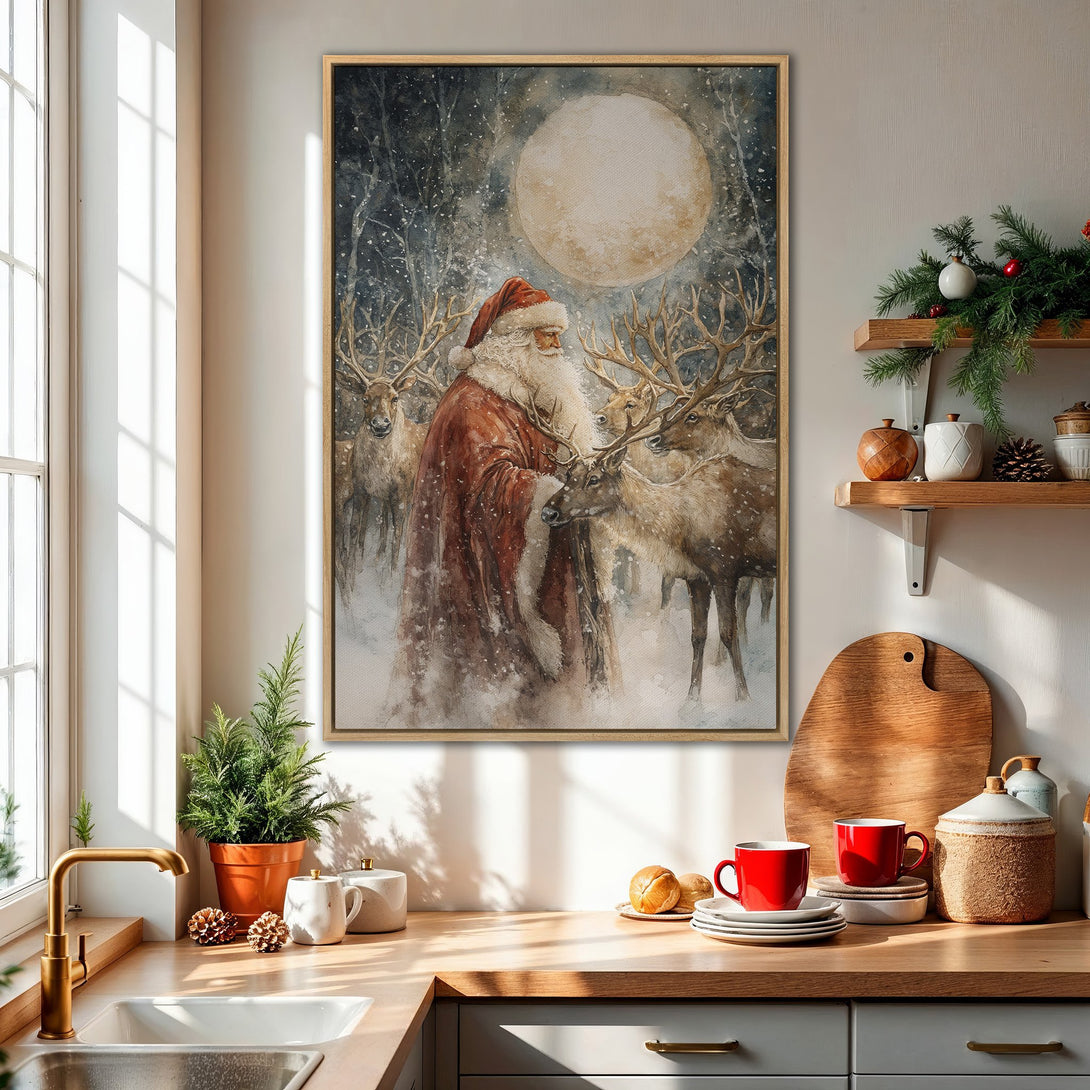 Framed Wall Art featuring Santa Claus and reindeer in a watercolor style, with a snowy forest backdrop. Warm, neutral color palette with pops of red. Perfect Christmas decor!