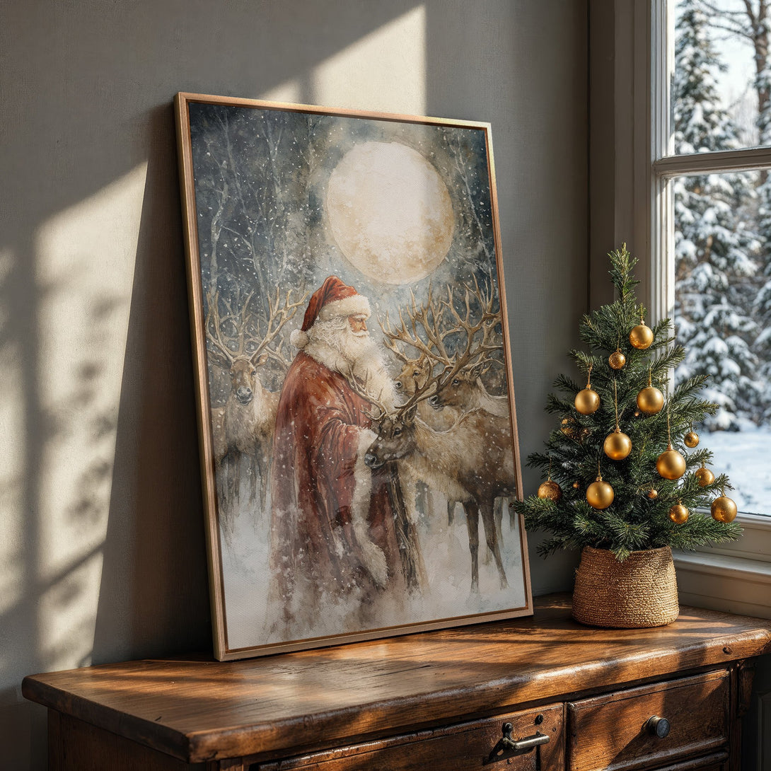 Framed Wall Art featuring Santa Claus and reindeer in a watercolor style, with a warm, neutral color palette. Perfect Christmas decor!