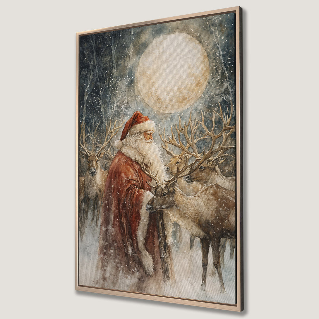 Framed Wall Art: Santa Claus with reindeer in a watercolor style, featuring a warm, earthy color palette. Perfect Christmas decor!
