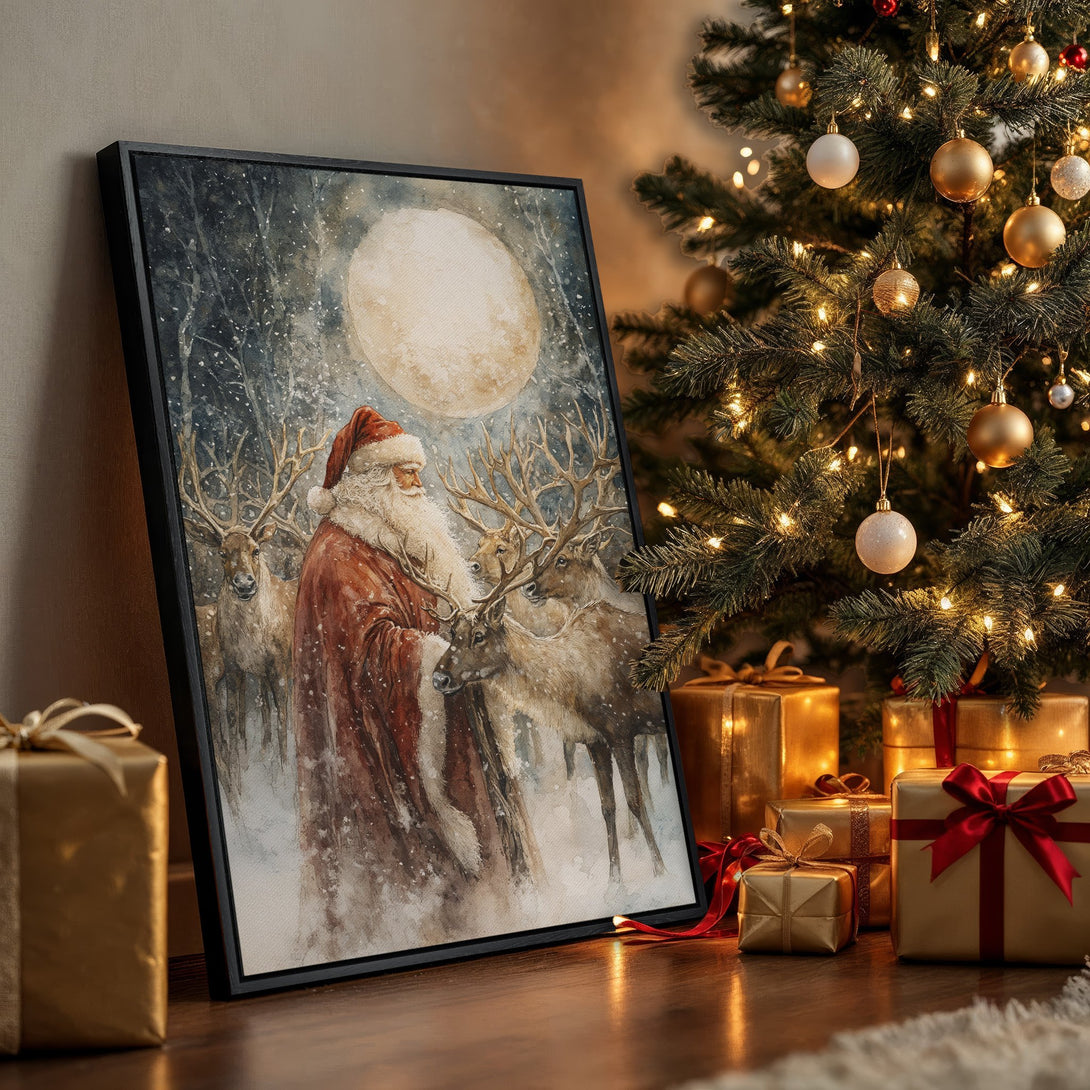 Framed Wall Art: Watercolor Santa with reindeer in a snowy forest. Warm, festive color palette. Perfect Christmas decor.