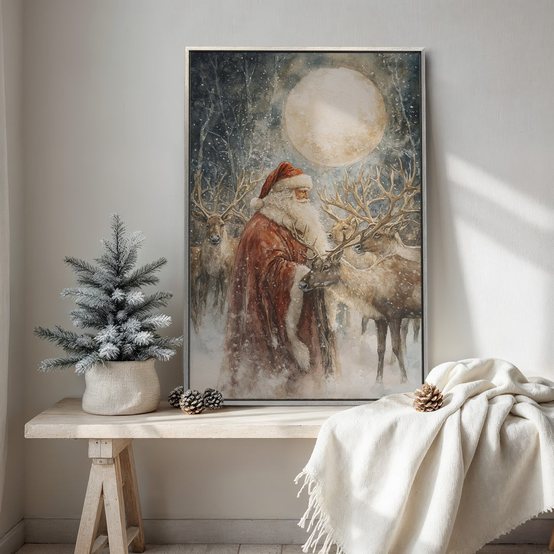 Framed Wall Art featuring Santa Claus and reindeer in a watercolor style. Festive Christmas decor with a warm, neutral color palette. Perfect holiday gift!