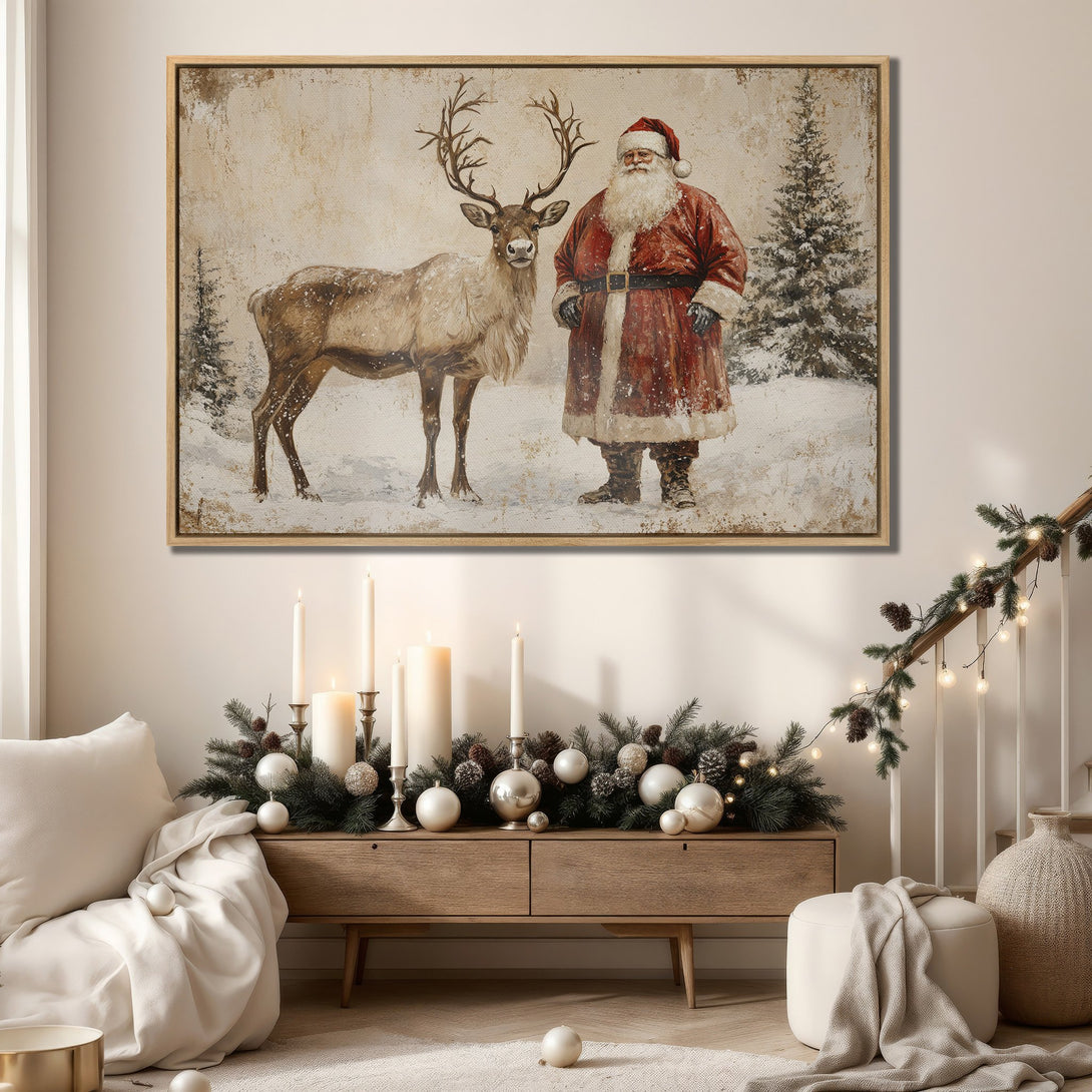 Framed Wall Art: Vintage Santa Claus and reindeer canvas print in a cozy interior. Warm, neutral color palette with a touch of holiday charm.