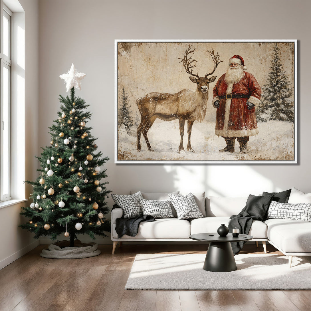 Framed Wall Art: Vintage Santa Claus and reindeer canvas print in a cozy living room. Rustic style with warm, neutral tones perfect for Christmas decor.