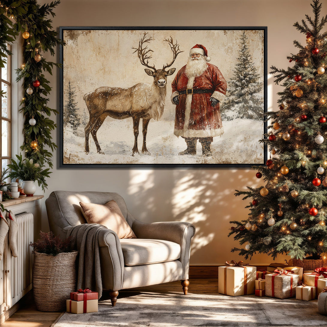 Framed Wall Art featuring Santa and reindeer in a vintage style, warm color palette. Perfect Christmas decor for a cozy, festive home.