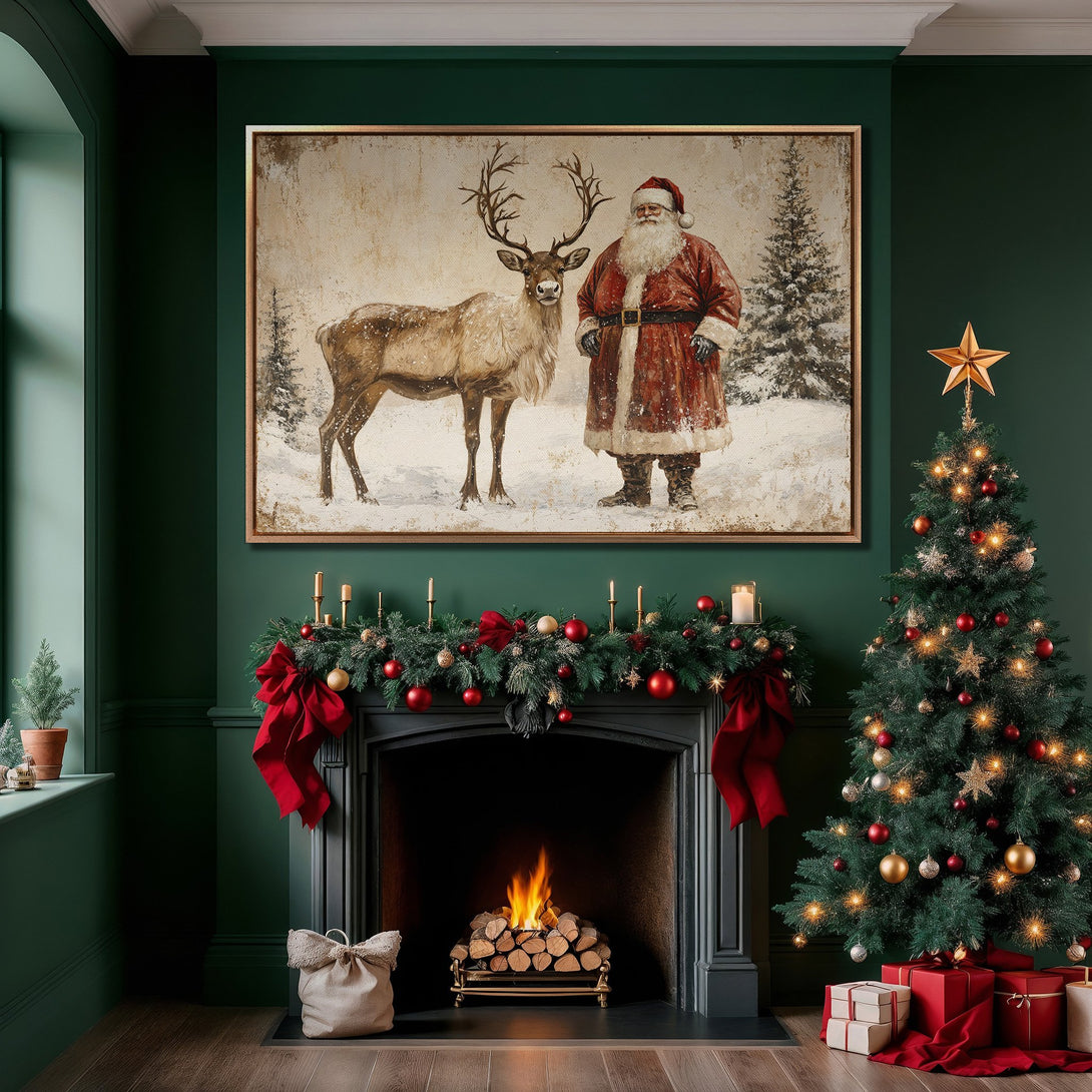 Framed Wall Art featuring Santa & reindeer in a cozy Christmas scene. Warm, vintage style with a rich, green and red color palette. Perfect holiday decor!