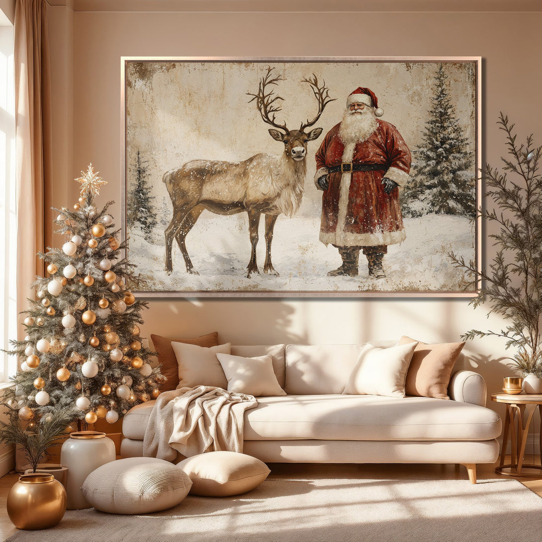 Framed Wall Art: Vintage Santa & reindeer canvas print in a cozy interior. Warm neutral palette with pops of red. Perfect Christmas decor!