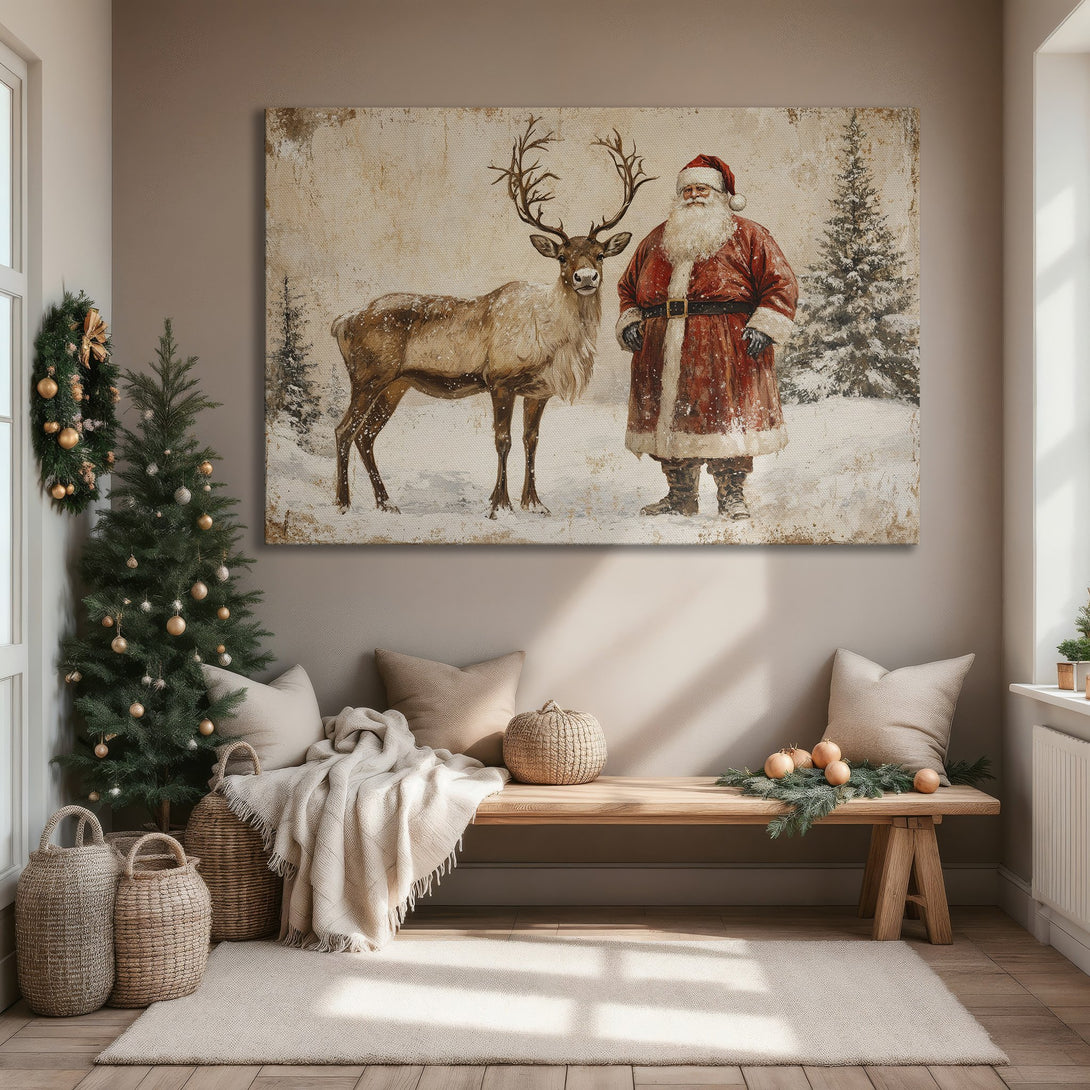 Framed Wall Art featuring Santa and reindeer in a vintage style with warm, neutral tones, perfect for holiday decor.