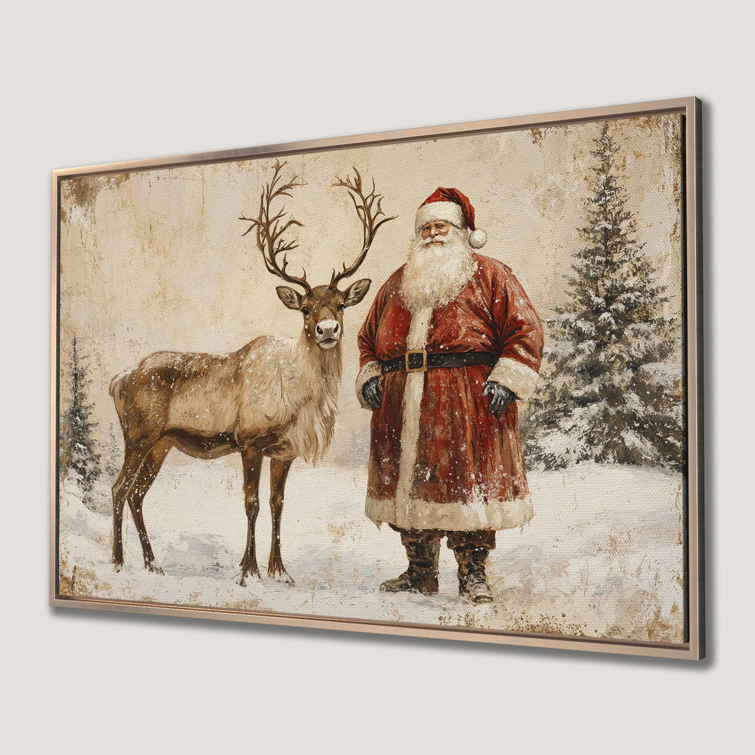 Framed Wall Art: Vintage Santa Claus & reindeer in a snowy scene. Rustic style, warm red & neutral tones. Perfect Christmas decor!