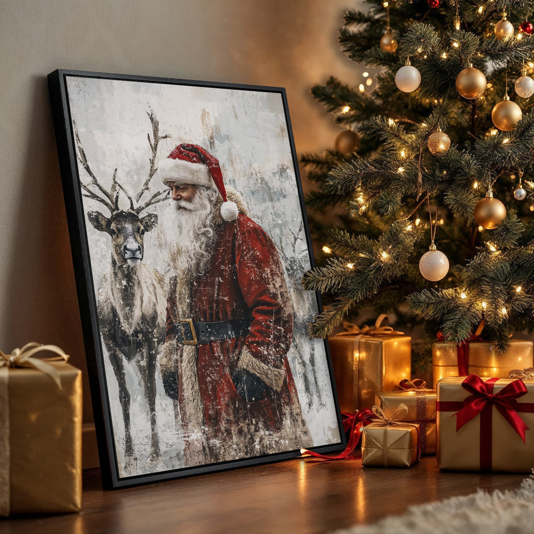 Framed Wall Art featuring Santa Claus and reindeer in a painterly style. Festive red, white, and gold color palette. Perfect Christmas decor!