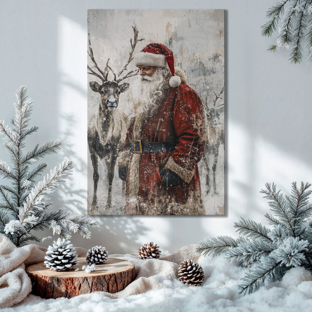 Framed Wall Art: Santa Claus & reindeer canvas print in a festive interior, warm red & gold palette. Perfect Christmas decor!