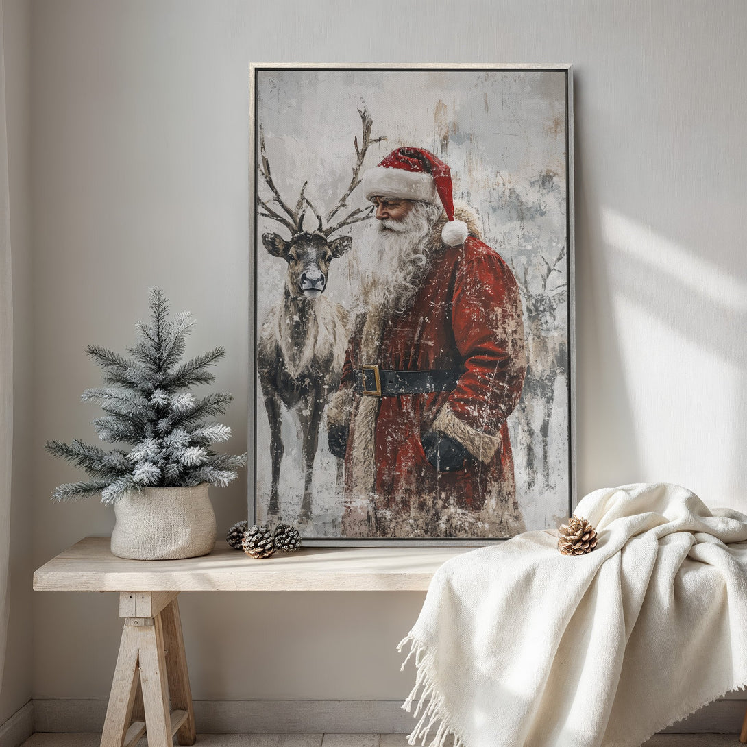 Framed Wall Art: Santa Claus with reindeer in a vintage style, featuring a red, white, and neutral color palette. Perfect for holiday decor!