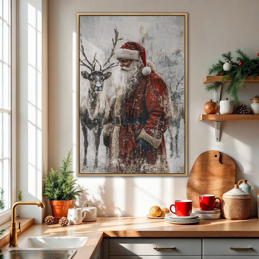 Framed Wall Art: Santa Claus & reindeer canvas print in a rustic style with red, gray, and white tones. Perfect Christmas decor for your home!
