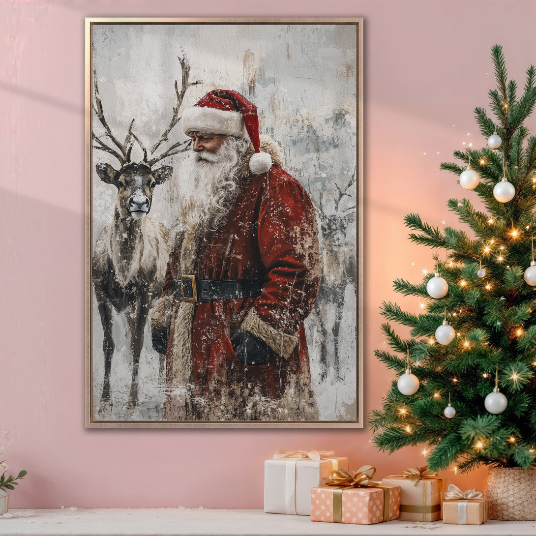 Framed Wall Art featuring Santa Claus and reindeer in a vintage style, with a red, white, and gray color palette, perfect for Christmas decor.