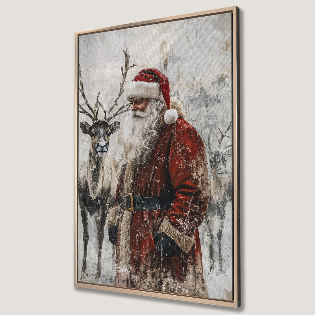 Framed Wall Art: Santa Claus and reindeer in a snowy scene. Rustic style canvas print with a red, white, and neutral color palette. Perfect Christmas decor!