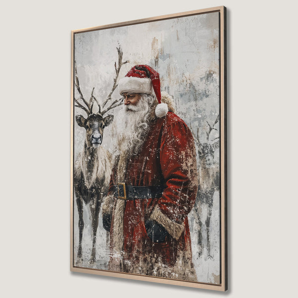 Framed Wall Art: Santa Claus and reindeer in a snowy scene. Rustic style canvas print with a red, white, and neutral color palette. Perfect Christmas decor!
