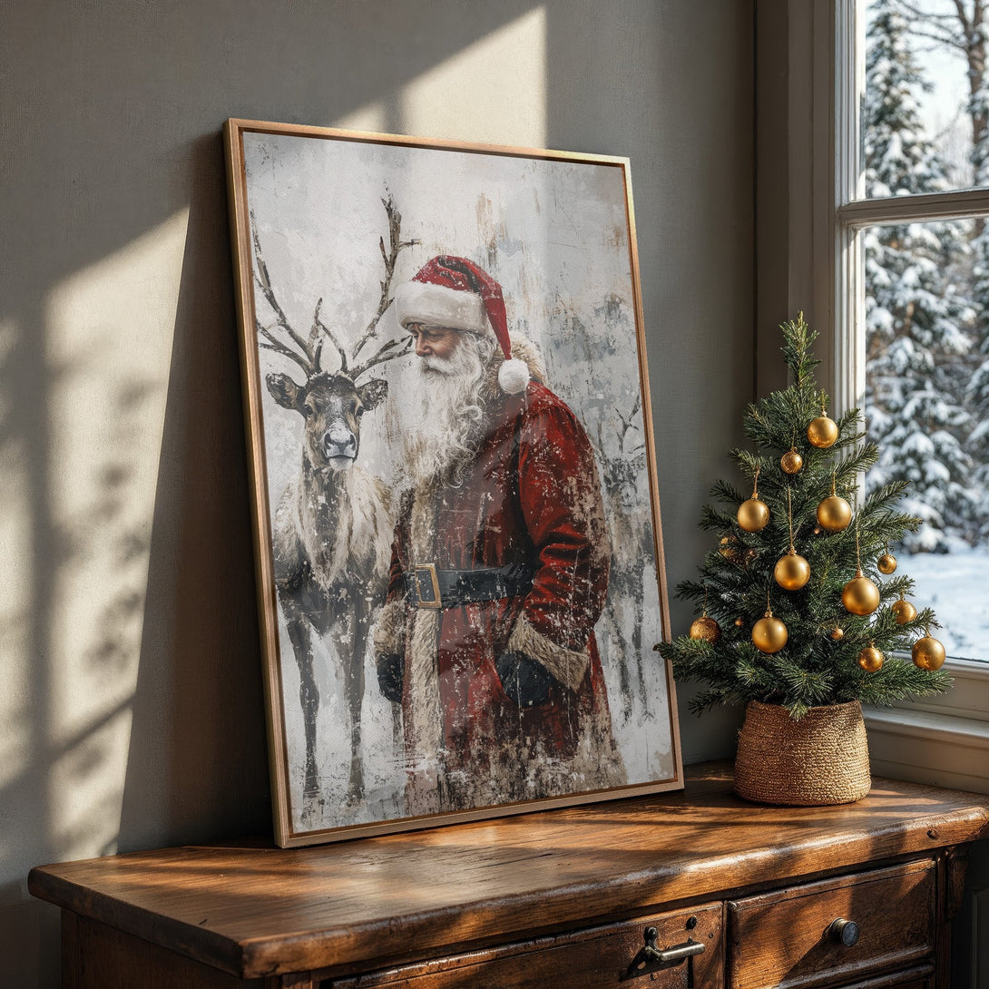 Framed Wall Art featuring Santa Claus and a reindeer in a vintage style, with a red, white, and grey color palette. Perfect Christmas decor!