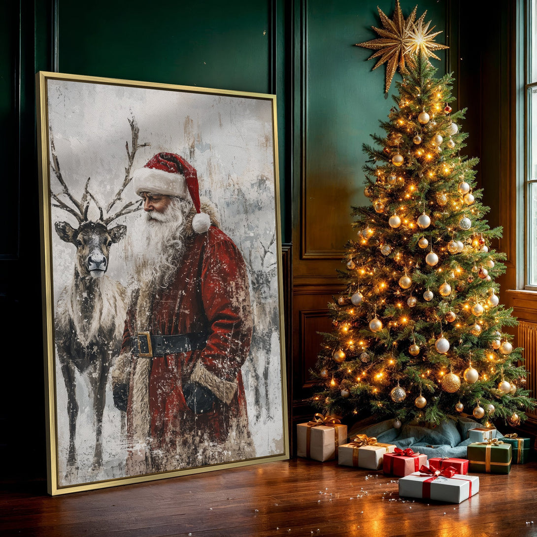 Canvas Print featuring Santa Claus and a reindeer in a vintage style, with a red, white, and neutral color palette. Perfect Christmas decor!