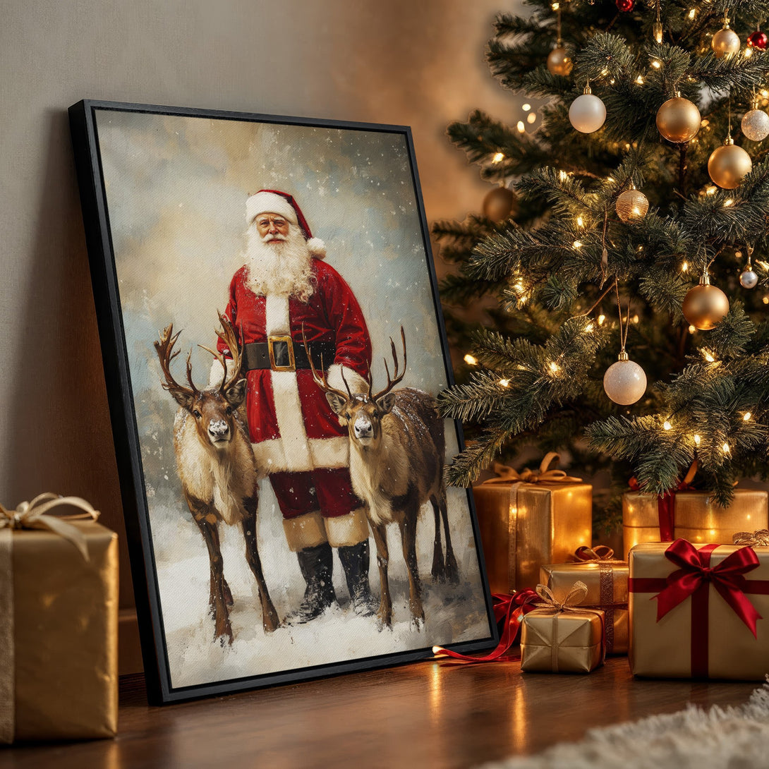 Framed Wall Art featuring Santa Claus and reindeer in a vintage style, warm red and gold palette. Perfect Christmas decor!