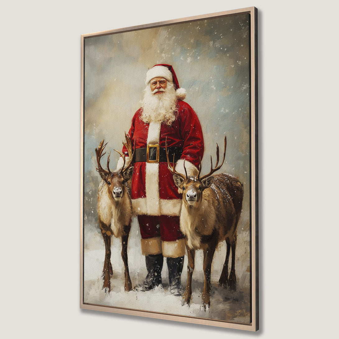 Framed Wall Art: Santa Claus with reindeer in a vintage style painting, featuring a red and white color palette, perfect for Christmas decor.