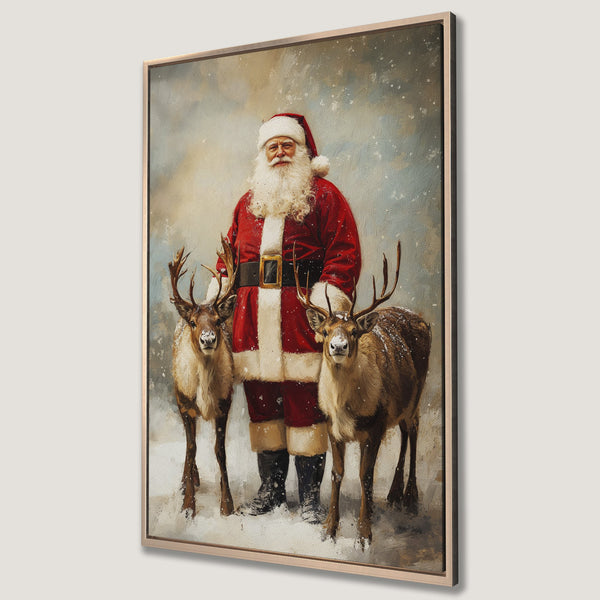 Framed Wall Art: Santa Claus with reindeer in a vintage style painting, featuring a red and white color palette, perfect for Christmas decor.
