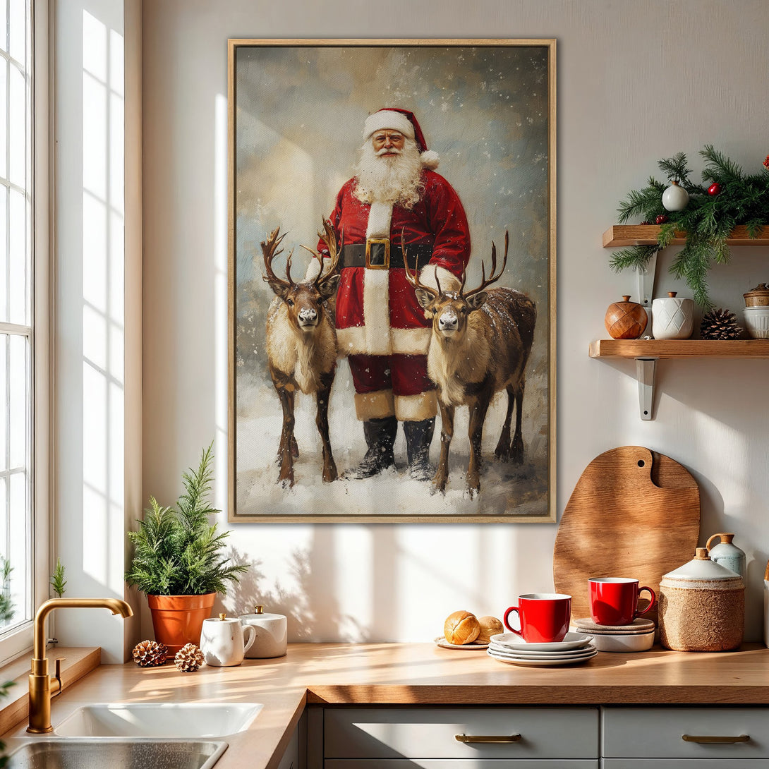 Framed Wall Art: Vintage-style painting of Santa Claus with reindeer in a snowy scene. Warm red, white, and neutral tones create a cozy Christmas vibe.