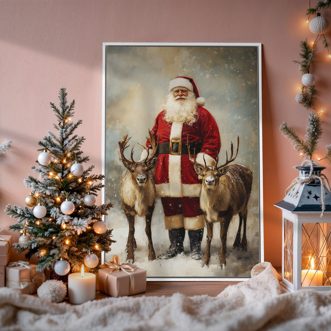 Framed Wall Art featuring Santa Claus & reindeer in a vintage style, perfect for Christmas decor. Warm red, white, & brown color palette. Bring holiday cheer home!