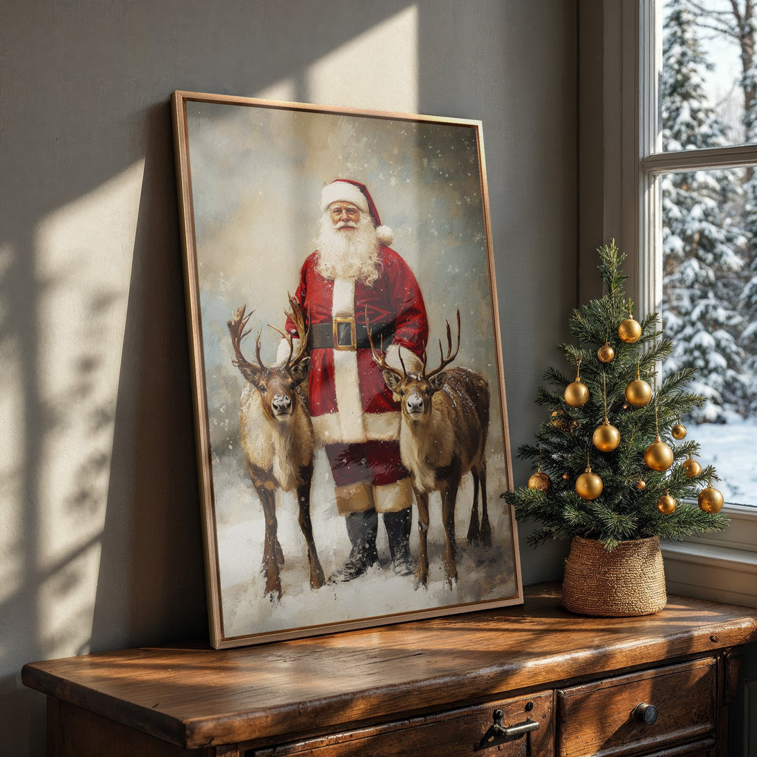 Framed Wall Art: Vintage Santa Claus with reindeer canvas print in warm tones. Perfect Christmas decor for a cozy, festive interior.