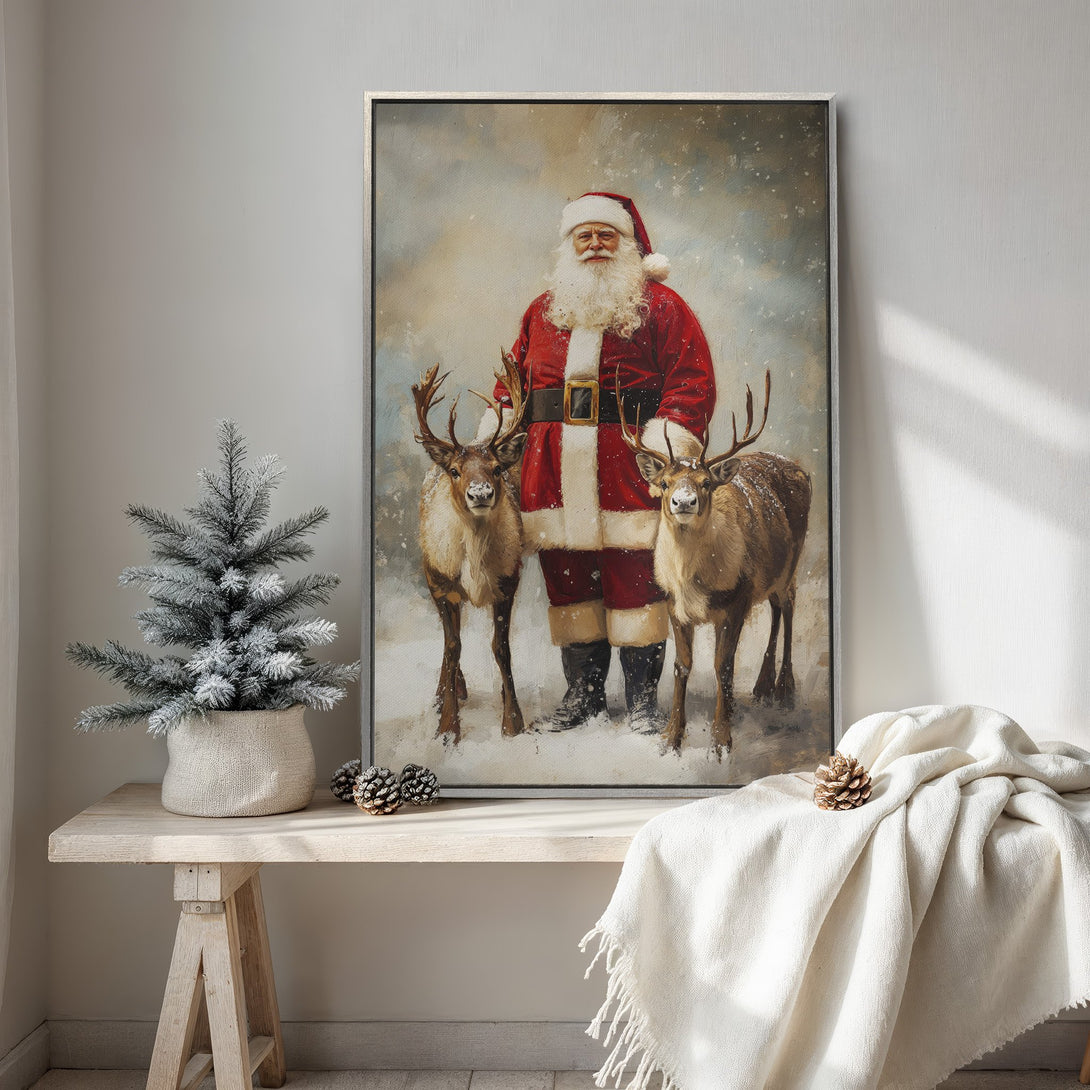 Framed Wall Art: Santa Claus with reindeer in a vintage style painting, featuring a warm red, white, and brown color palette, perfect for Christmas decor.