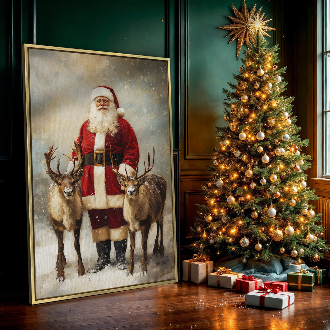 Canvas Print of Santa Claus with reindeer, vintage style, featuring a red, white, and brown color palette, perfect for Christmas decor.