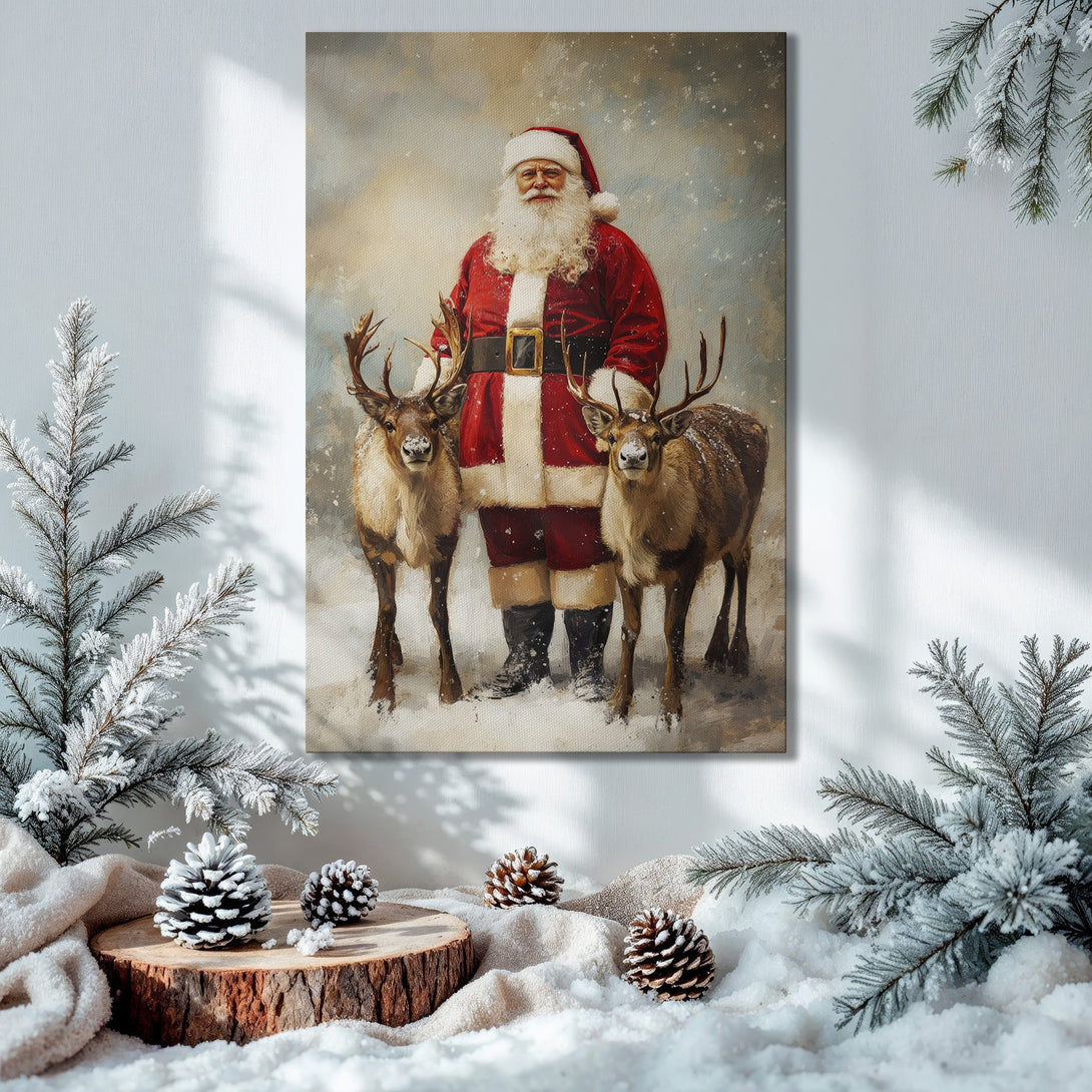 Framed Wall Art of Santa and reindeer in a snowy scene. Warm, festive colors. Perfect Christmas decor for your home.