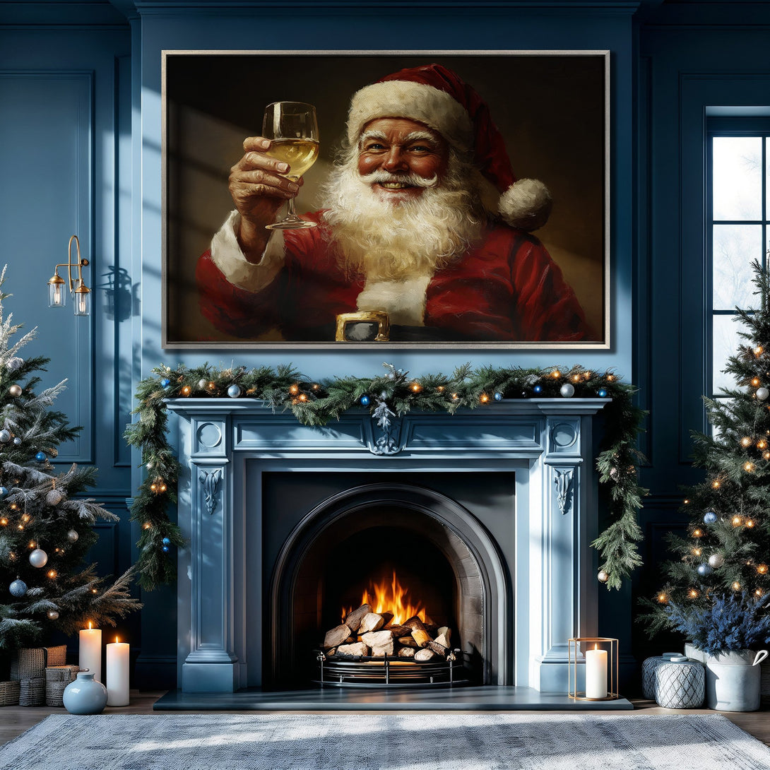Framed Wall Art: Santa Claus toasting in a cozy Christmas interior. Rich red and blue color palette, classic style, perfect holiday decor.